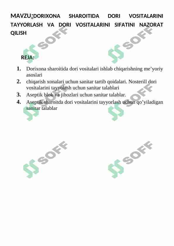 DORIXONA SHAROITIDA DORI VOSITALARINI TAYYORLASH VA DORI VOSITALARINI SIFATINI NAZORAT QILISH 1