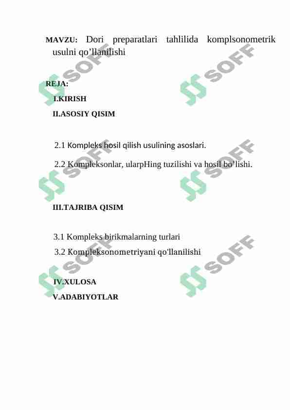 Dori preparatlari tahlilida komplsonometrik usulni qo’llanilishi 1
