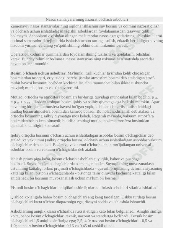 Nasos stantsiyalarining nazorat o'lchash asboblari 1