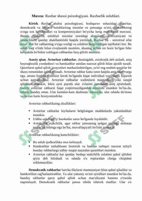Raxbar shaxsi psixologiyasi. Raxbarlik uslublari. 1