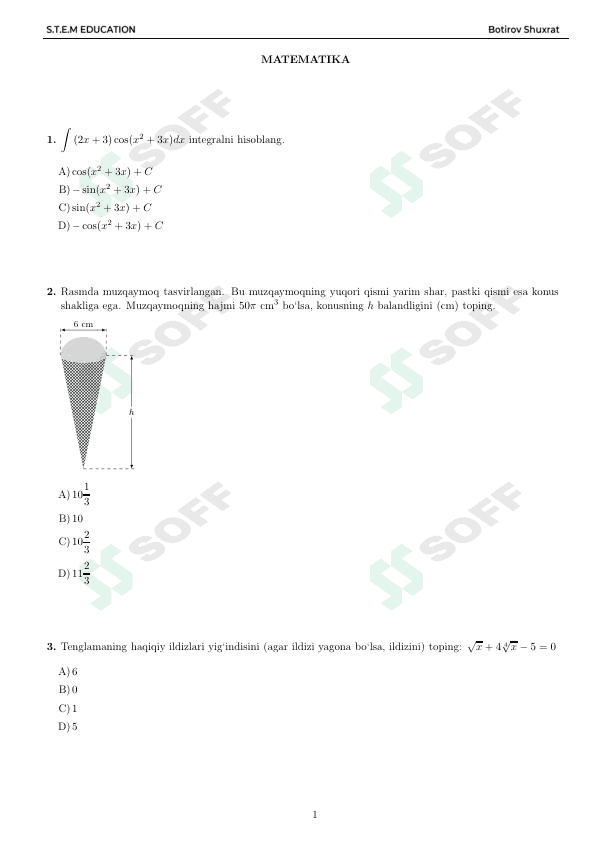 Matematika DTM testi ( Testlar DTM standartida. To'gri kaliti ham bor) 1