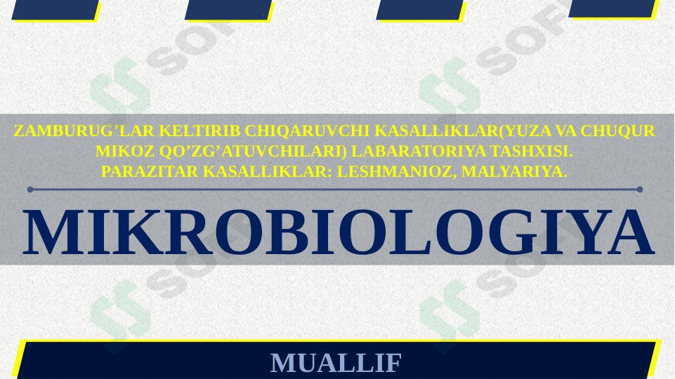 ZAMBURUG’LAR KELTIRIB CHIQARUVCHI KASALLIKLAR(YUZA VA CHUQUR MIKOZ QO’ZG’ATUVCHILARI) LABARATORIYA TASHXISI.PARAZITAR KASALLIKLAR: LESHMANIOZ, MALYARIYA. 1