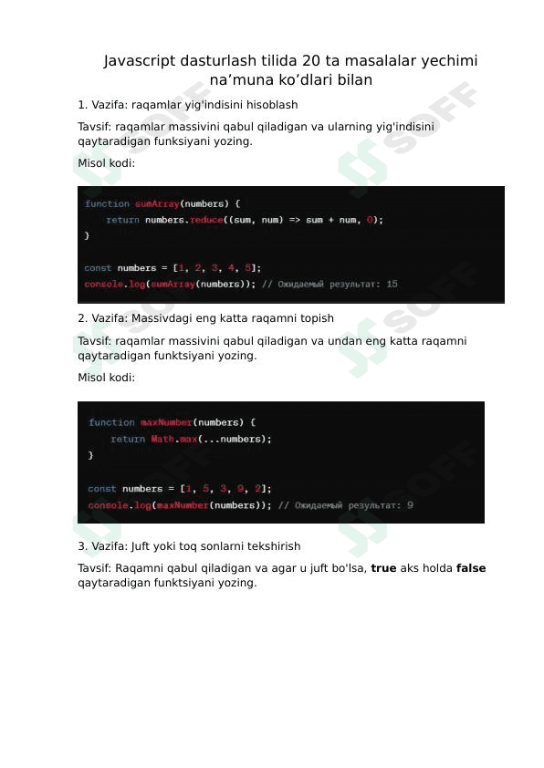 Javascript dasturlash tilidan 20 ta masalalar to'plami, ko'd na'munasi bilan. 1