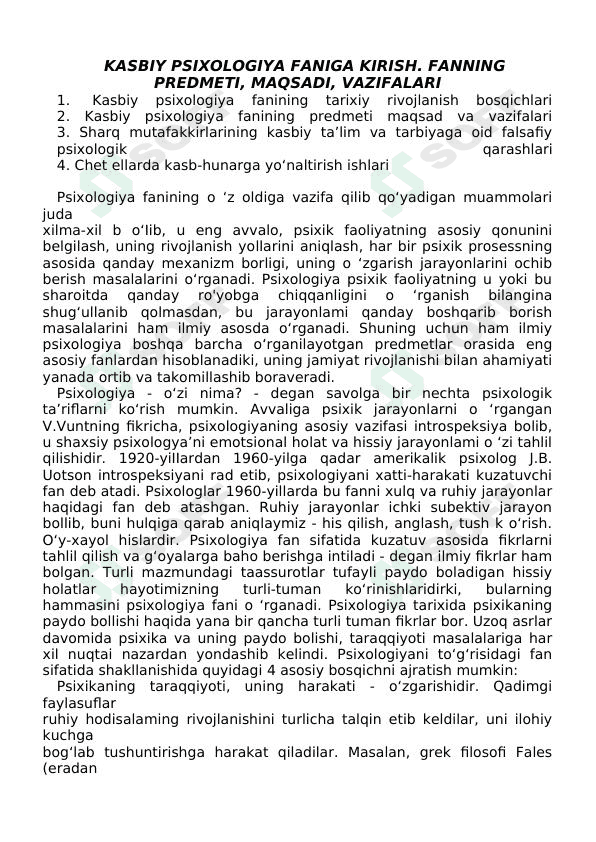 KASBIY PSIXOLOGIYA FANIGA KIRISH. FANNING PRЕDMЕTI, MAQSADI, VAZIFALARI 1