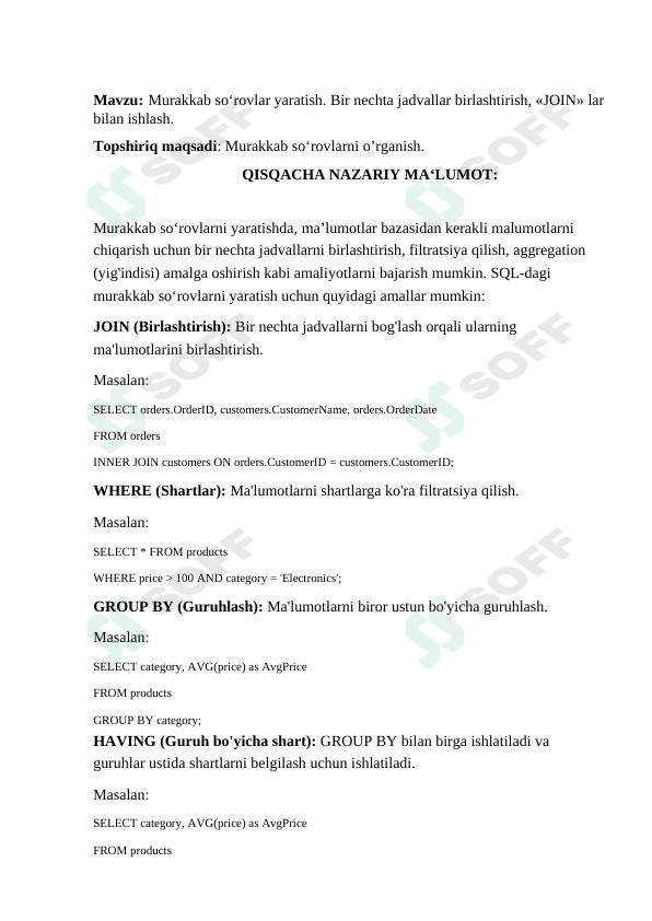 Murakkab so‘rovlar yaratish. Bir nechta jadvallar birlashtirish, «JOIN» lar bilan ishlash. ma`lumotlar bazasi 1