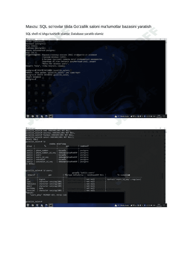 SQL so`rovlar tilida go`zallik saloni ma`lumotlar bazasini yaratish 1