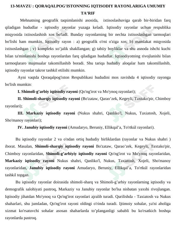 Qoraqalpog'iston iqtisodiy rayonlari ma'ruza materiali 1