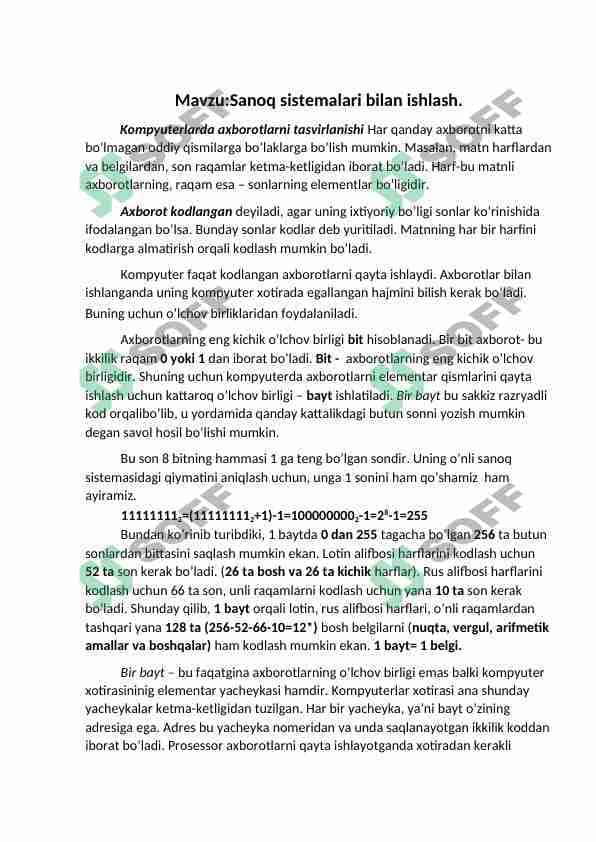 Sanoq sistemalari bilan ishlash. 1