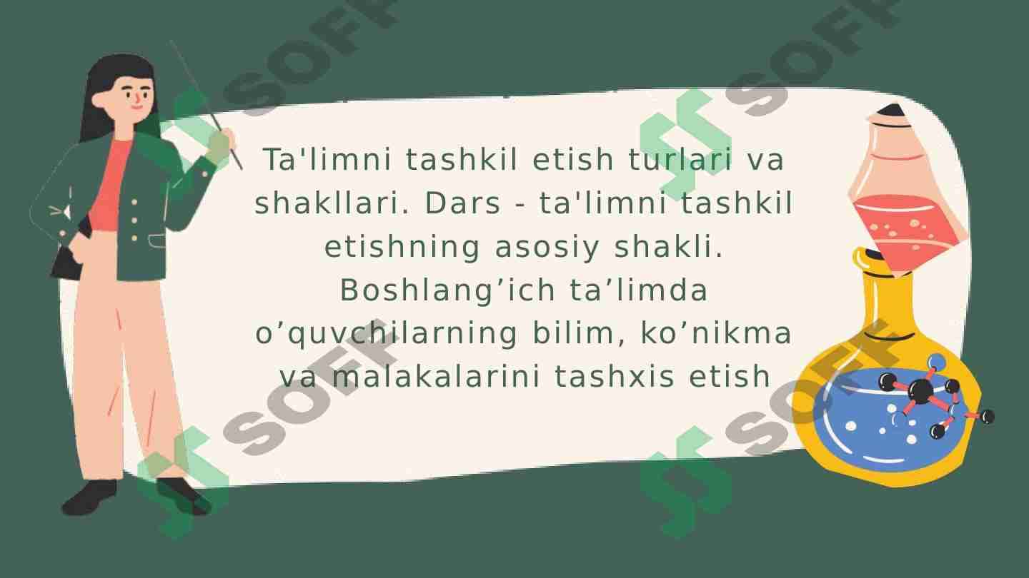 Ta'limni tashkil etish turlari va shakllari. Dars - ta'limni tashkil etishning asosiy shakli. Boshlang’ich ta’limda o’quvchilarning bilim, ko’nikma va malakalarini tashxis etish 1
