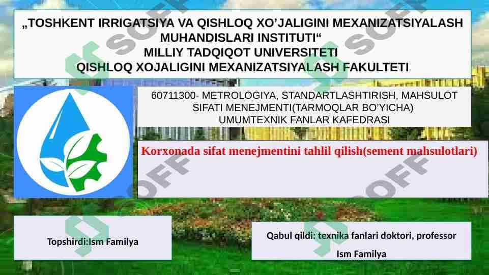 Korxonada sifat menejmentini tahlil qilish(sement mahsulotlari) 1