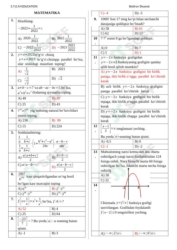 Matematikadan abituriyentlarni sinov qilish uchun test (Word file) TUSHISH EHTIMOLI BOR 1
