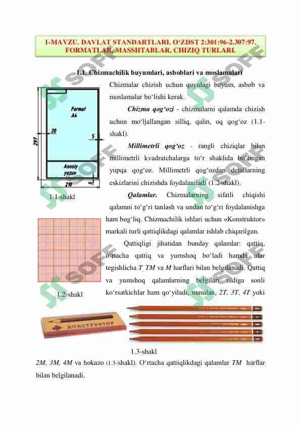 DAVLAT STANDARTLARI. O‘ZDST 2:301:96-2.307:97. FORMATLAR, MASSHTABLAR, CHIZIQ TURLARI. 1
