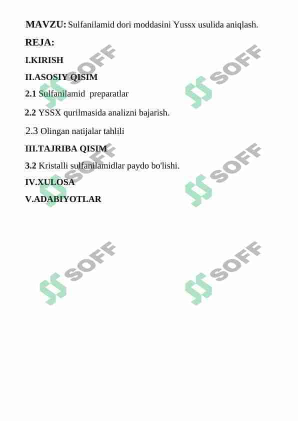 Sulfanilamid dori moddasini Yussx usulida aniqlash - YSSX 1