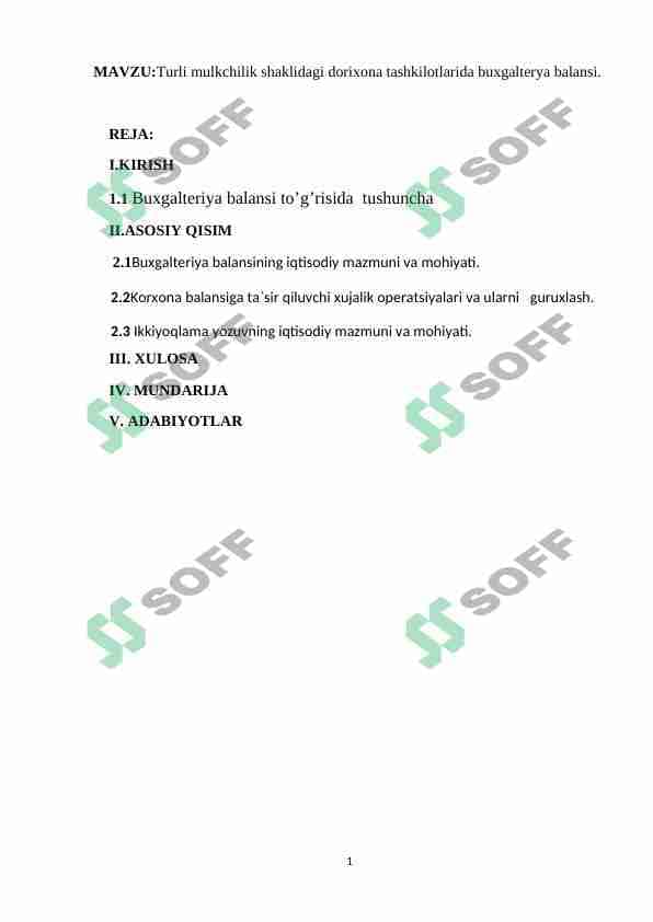 Turli mulkchilik shaklidagi dorixona tashkilotlarida buxgalterya balansi 1