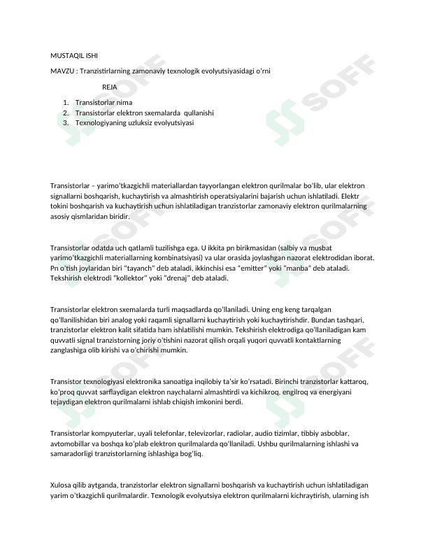 Tranzistirlarning zamonaviy texnologik evolyutsiyasidagi o‘rni