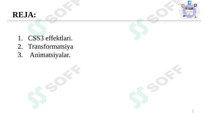 CSS3 effektlari, transformatsiya, animatsiyalar bilan ishlash. 2