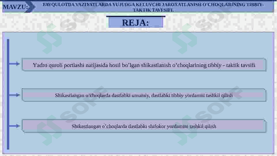 FAVQULOTDA VAZIYATLARDA VUJUDGA KELUVCHI JAROXARINING TIBBIY-TAKTIK TAVSIFI.TLANISH O’CHOQLA 2