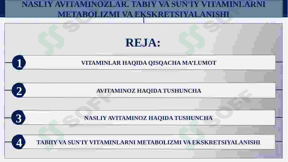 Nasliy avitaminozlar. Tabiy va sun'iy vitaminlarni metabolizmi va ekskretsiyalanishi 2
