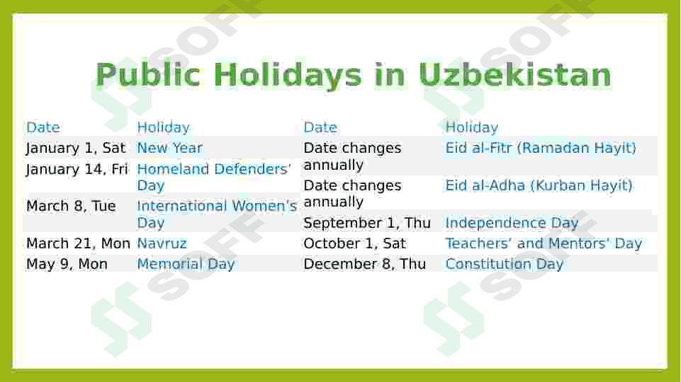 Public Holidays in Uzbekistan 2