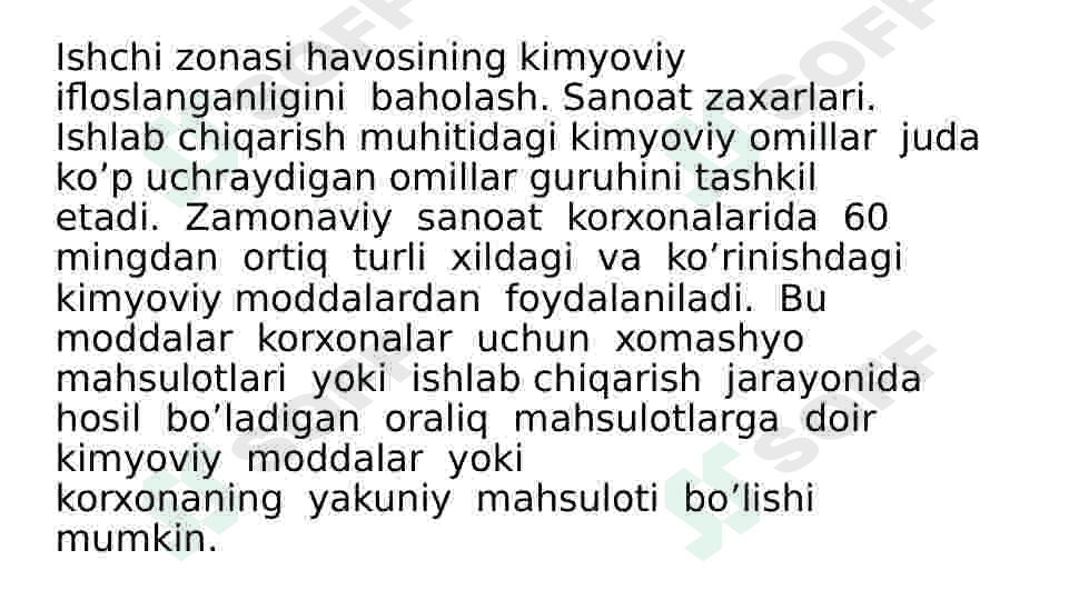 Kimyoviy omillarni umumzaxarli va maxsus ta’siri haqida tushuncha. Ishchi zonasi havosini kimyoviy moddalar bilan ifloslanganligining gigiyenik ahamiyati 2