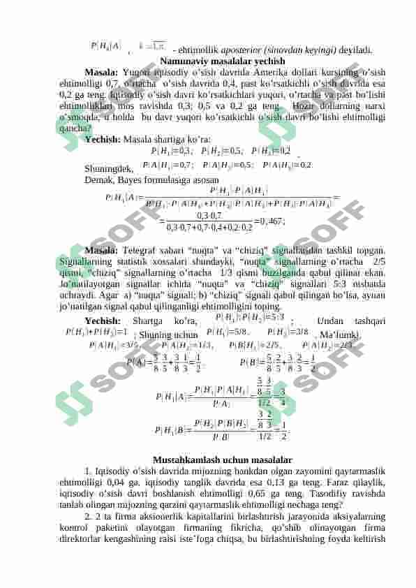 To’la  ehtimollik formulasi. Tajribadan so’ng gipoteza ehtimolligini hisoblash. Bayes formulasi 2