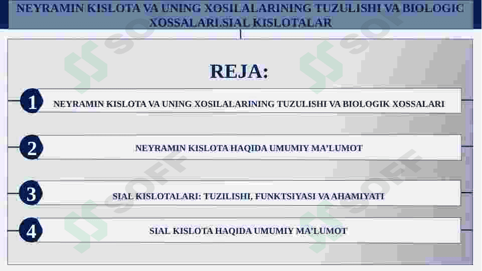 Neyramin kislota va uning xosilalarining tuzulishi va biologik xossalari.Sial kislotalar 2