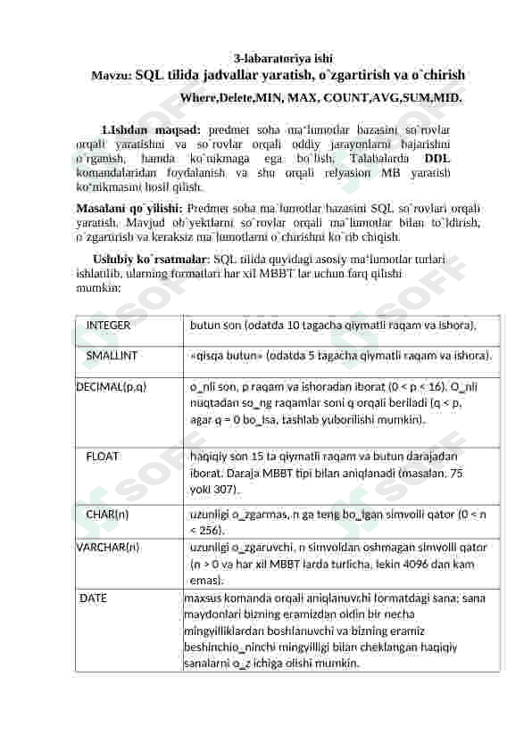 sql tilida jadvallar yaratish 2