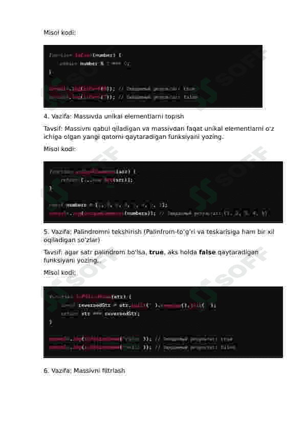 Javascript dasturlash tilidan 20 ta masalalar to'plami, ko'd na'munasi bilan. 2