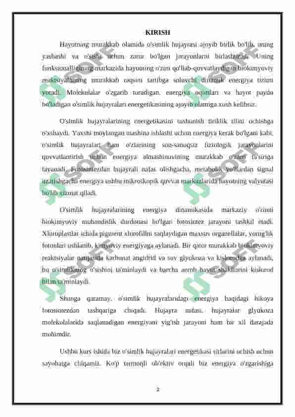 O’simlik hujayrasining energetikasi haqida 2