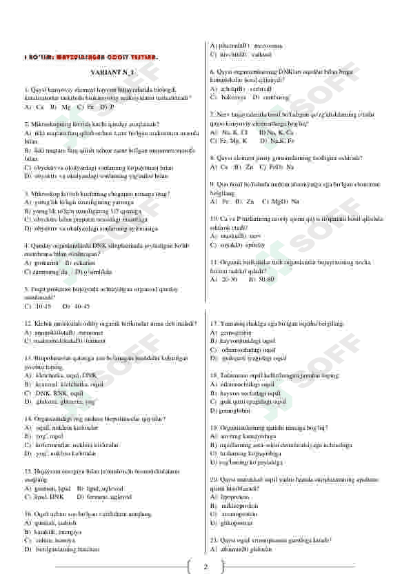 Biologiya fanidan mavzulashtirilgan testlar 2