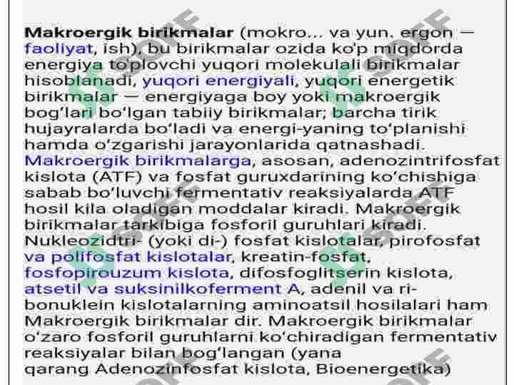 Makroergik birikmlar va ularning va ularning moddalar almashinuvidahi o'rni 2
