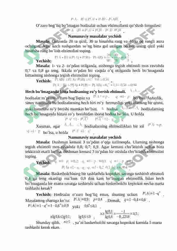 Shartli ehtimollik.  Asosiy teoremalar. Hech bo’lmaganda bitta hodisaning ro’y berish ehtimoli 2