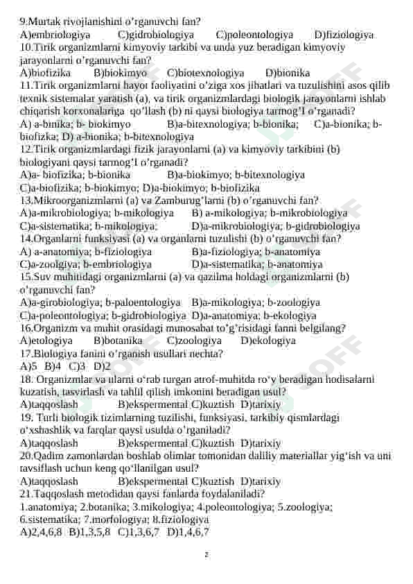 Biologiya fanidan mavzulashtirilgan testlar 2
