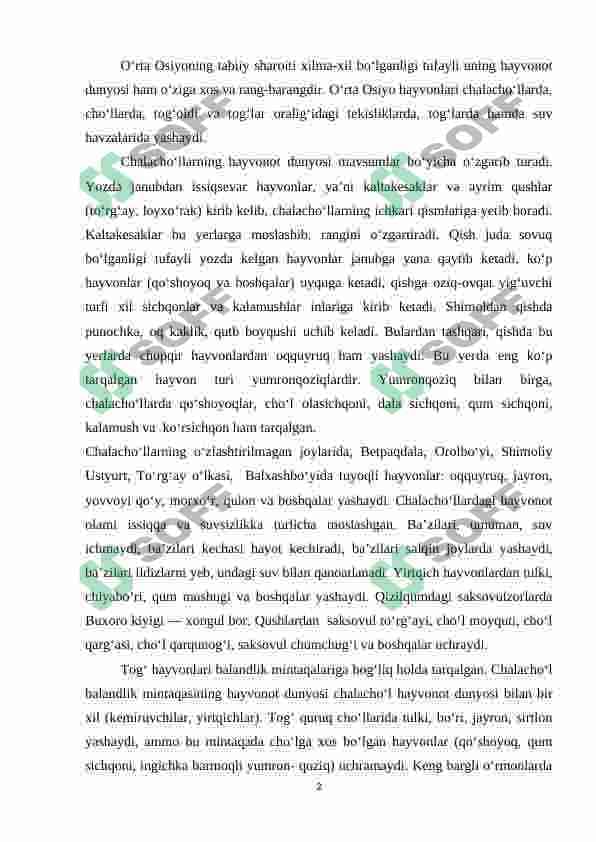 O’rta Osiyo tekisliklari, suv havzalari va tog’li hududlarida yashovchi umurtqali hayvonlar 2