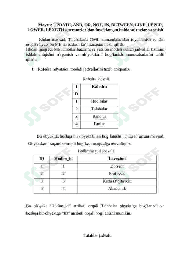 UPDATE, AND, OR, NOT, IN, BETWEEN, LIKE, UPPER, LOWER, LENGTH operatorlaridan foydalangan holda so’rovlar yaratish 2