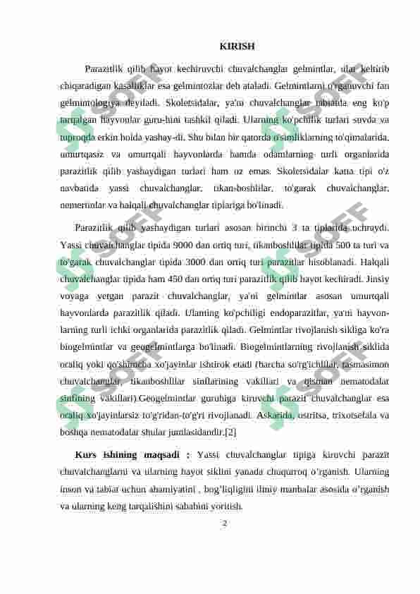 Yassi chuvalchanglarning rivojlanish sikli-parazitlik hayot mahsuli 2