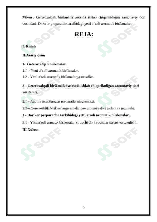 Geteroxalqali birikmalar asosida ishlab chiqariladigon zamonaviy dori vositalari. Dorivor preparatlar tarkibidagi yetti a’zoli aromatik birikmalar 2