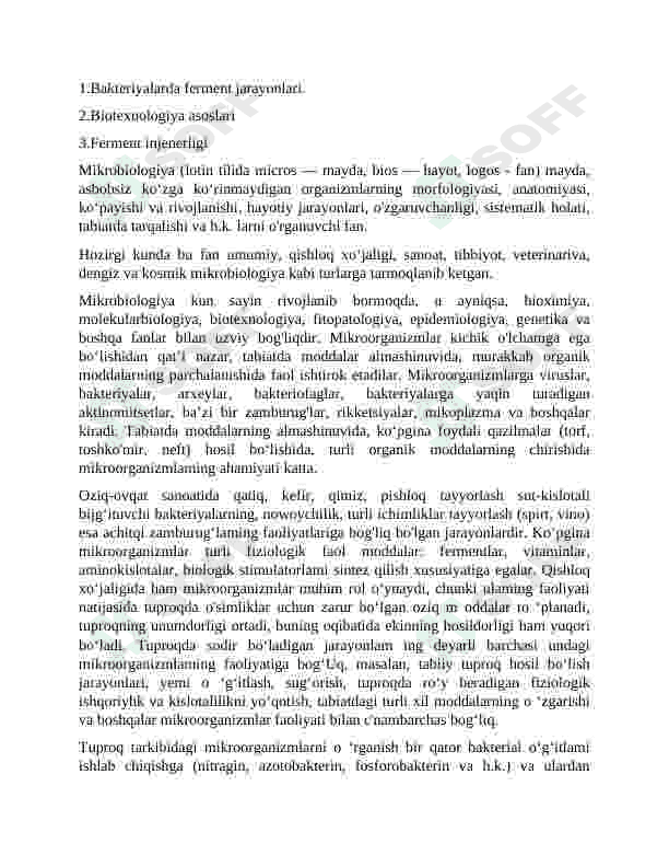 Bakteriyalarda fermenetiv jarayonlar.Tashqi muhitni biologik va texnologik chiqindilar bilan ifloslanishi 2