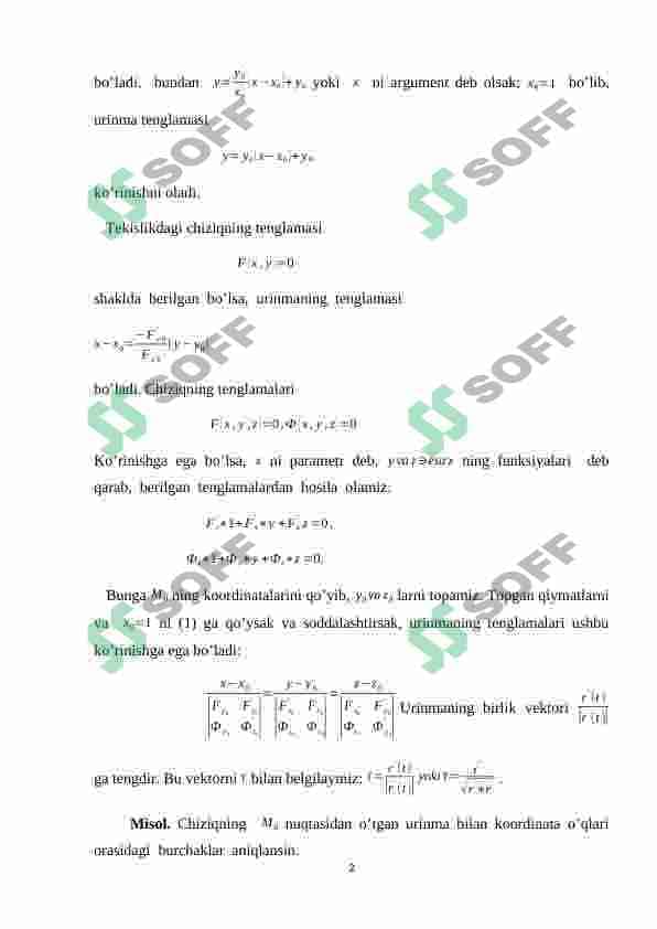 Chiziqninig urunmasi va normal tekislig 2
