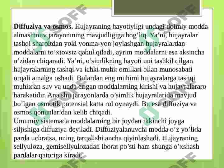 Diffuziya va osmos, turgor va plazmoliz, hujayraning so’rish kuchi 2