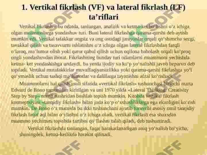 «VERTICAL THINKING» (VERTIKAL FIKRLASH) VA «LATERAL THINKING» (LATERAL FIKRLASH) 2
