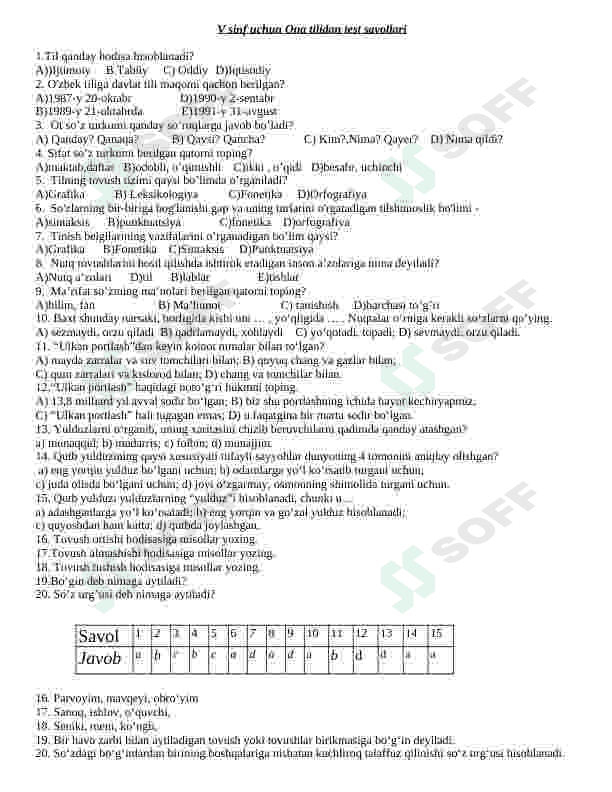 5-sinf ona tili va adabiyot fanidan  1-chorak test topshiriqlari javoblari bilan. 2
