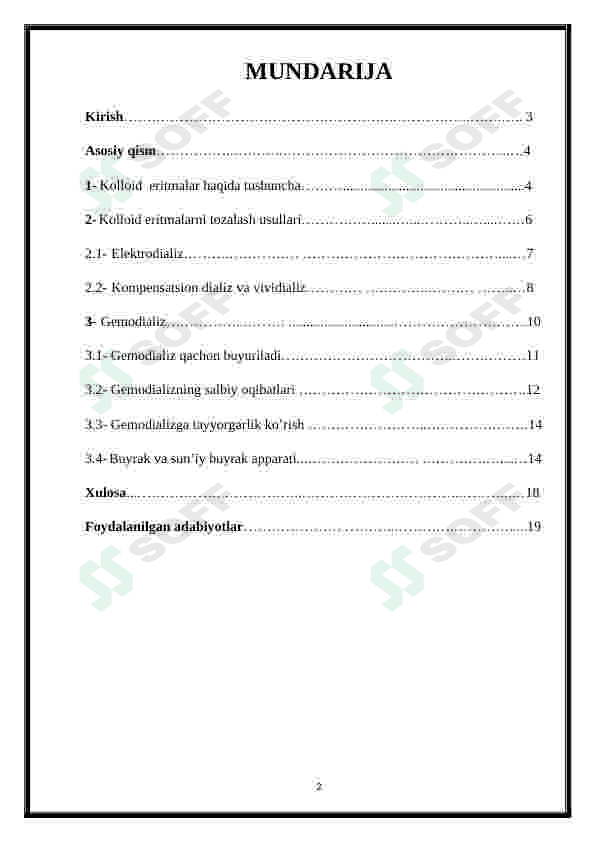 Kolloid sistemalarni dializ yo’li bilan tozalash. Gemodializni o’tkazishda kimyoning ahamiyati 2