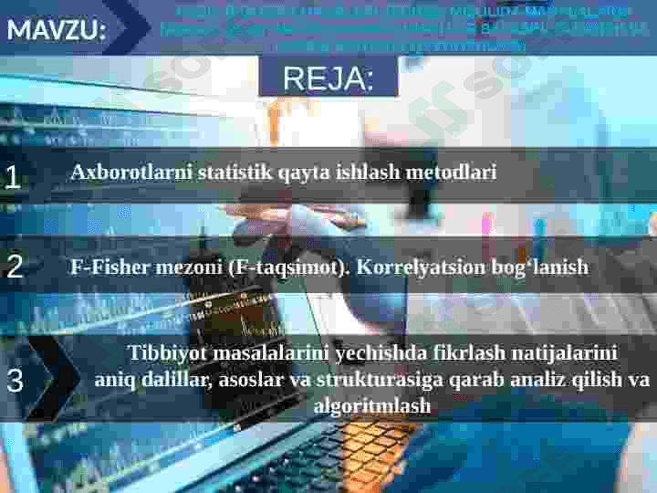 TIBBIY BIOLOGIK MASALANI YECHISH MISOLIDA MASALALARNI TASHKIL QILISH VA KIRITISH. MA’LUMOTLAR BAZASINI YARATISH VA ULARNI STATISTIK QAYTA ISHLASH. 2