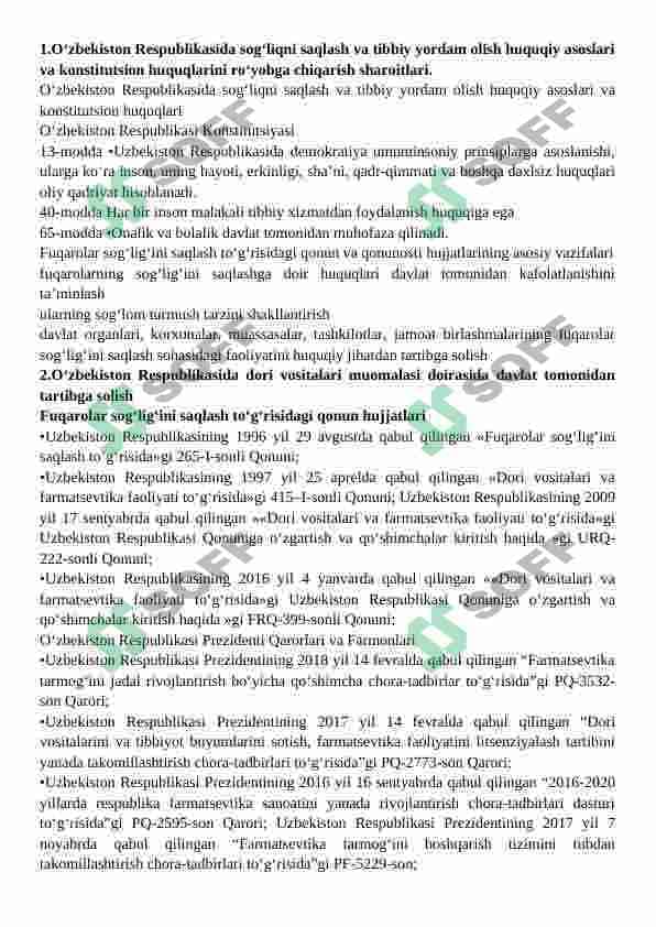 O‘ZBEKISTON RESPUBLIKASI DORI VOSITALARI BILAN TA’MINLASH TIZIMI VA FARMATSEVTIKA BOZORI DORI VOSITALARI MUOMALASI DOIRASIDA DAVLAT TARTIBI 2