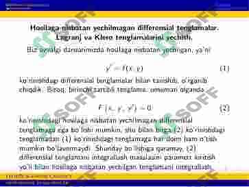 HOSILAGA NISBATAN YECHILMAGAN DIFFERENSIAL TENGLAMALAR. LAGRANJ VA KLERO TENGLAMALARI. 2