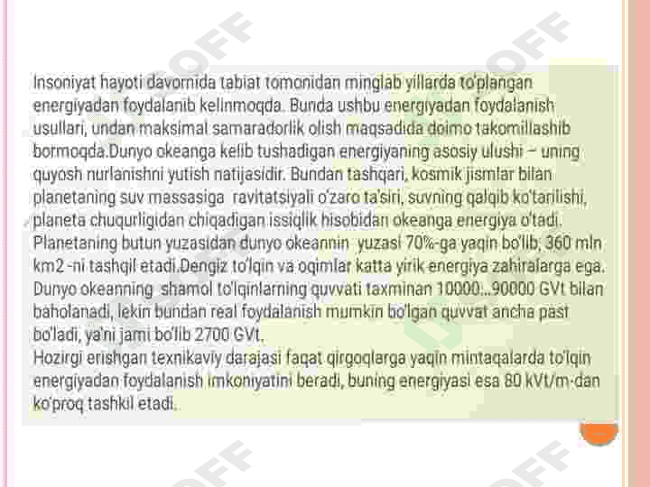 To`lqin energiyasi, dengiz energiyasi. Dengizlarda hosil bo`luvchi to`lqin energiyasidan foydalanish turlari 2