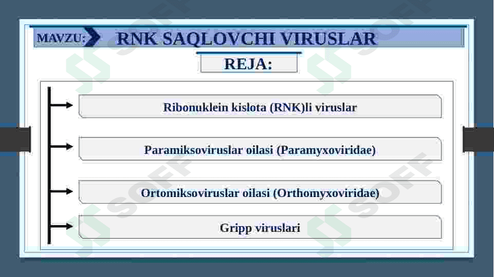 RNK SAQLOVCHI VIRUSLAR KELTIRIB CHIQARUVCHI YUQUMLI KASALLIK QO’ZG’ATUVCHILARI. ORTOMIKSOVIRUSLAR, PARAMIKSOVIRUSLAR. XARAKTERISTIKA VA LABAROTORIYA TASHXISI. 2