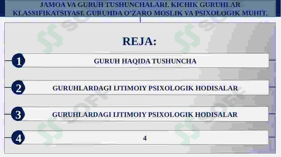 JAMOA VA GURUH TUSHUNCHALARI. KICHIK GURUHLAR KLASSIFIKATSIYASI. GURUHDA O’ZARO MOSLIK VA PSIXOLOGIK MUHIT. 2
