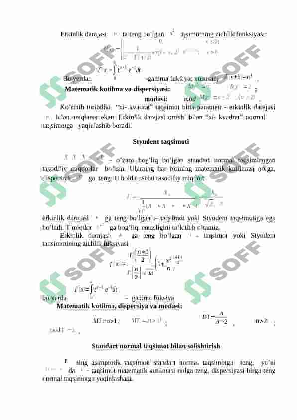 Matematik statistikada keng qo’llaniladigan tasodifiy miqdorlarning  asosiy taqsimotlari 2